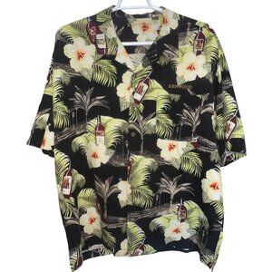 Kenwood Hawaiian Button Front Shirt Mens XXL Black Floral Palm Print 100% Silk
